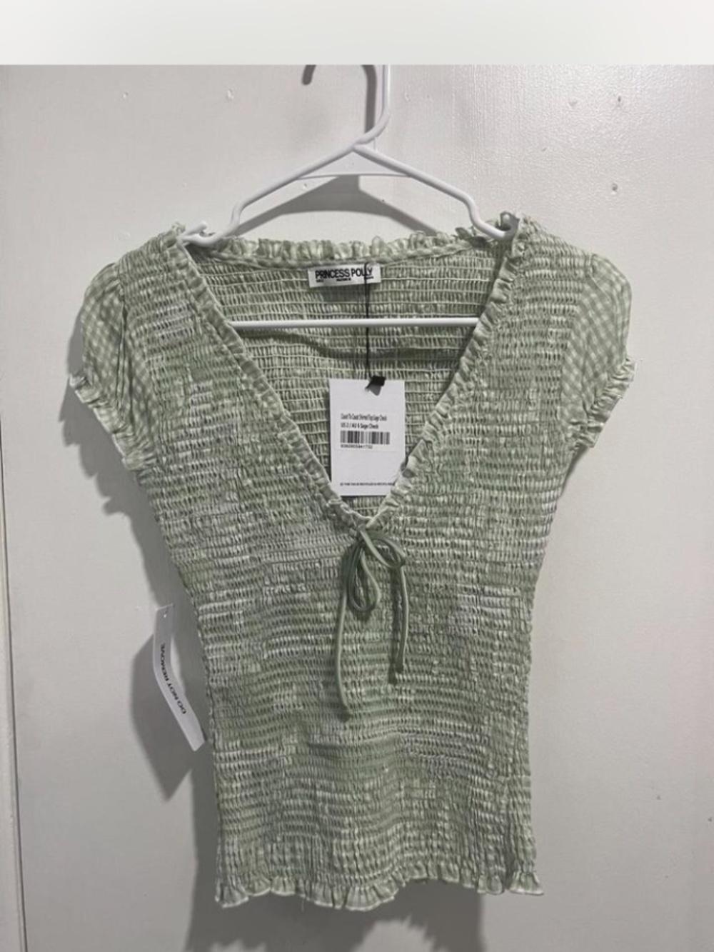 Princess Polly coast to coast green smocked shirred fall gingham top 4 small